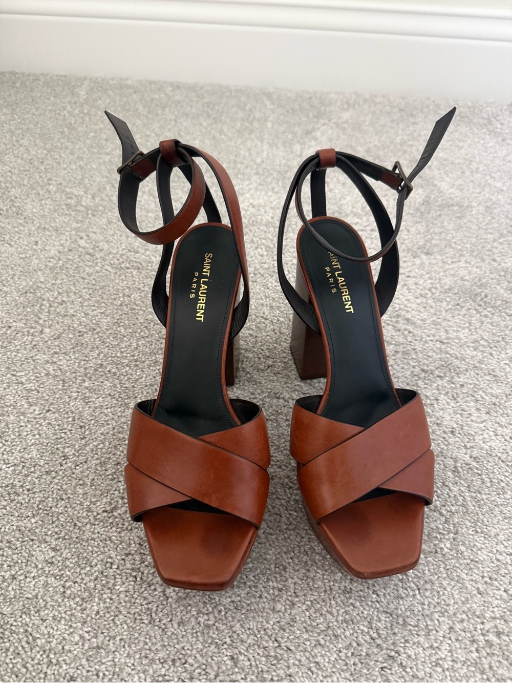 Saint Laurent Brown Leather Crisscross Block-Heel Sandals